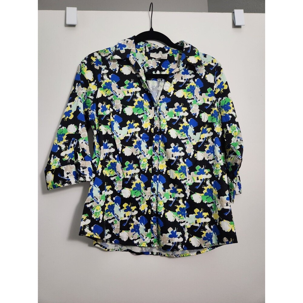 Dana Buchman Womens Sz L Black Floral Button Up 3/4 Sleeve Shirt Top Stretch
